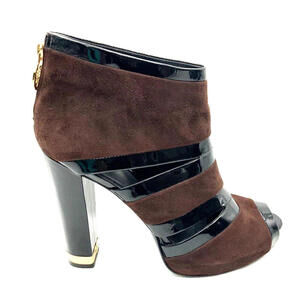 Tory Burch Lucille US-7 Peep Toe Ankle Booties Black Brown Shoes Platform Suede